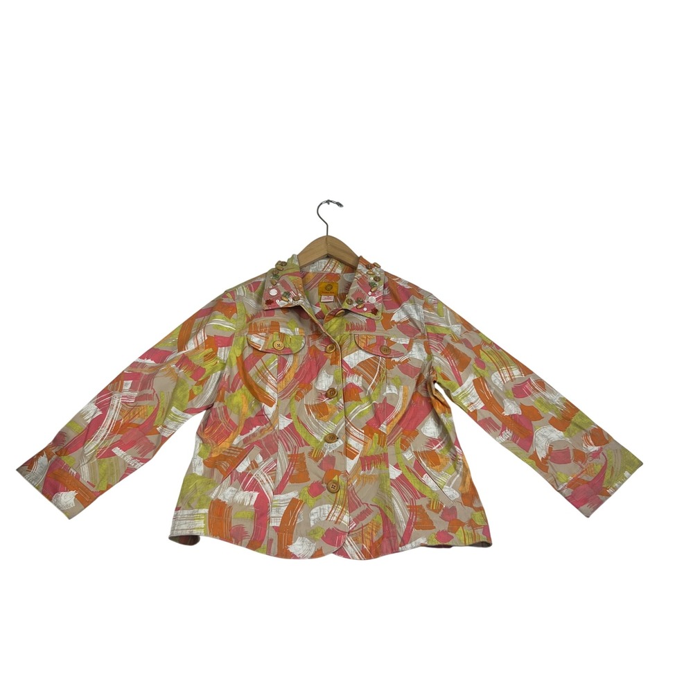 Ruby Rd Womens Abstract Print Embellished Collar Button Front Jacket Size 12